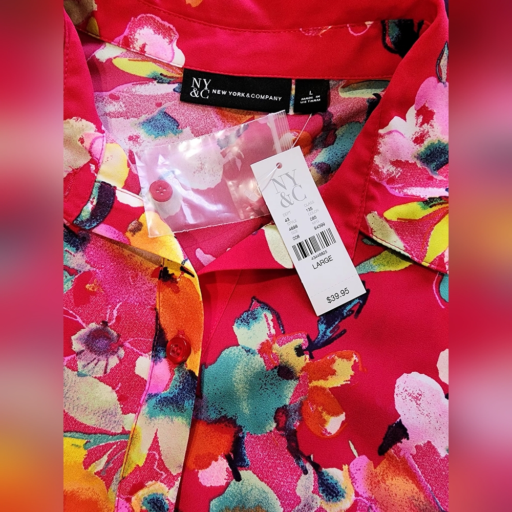 NWT NY&Company Floral Flounced-Hem Blouse Size Large - Picture 8 of 10